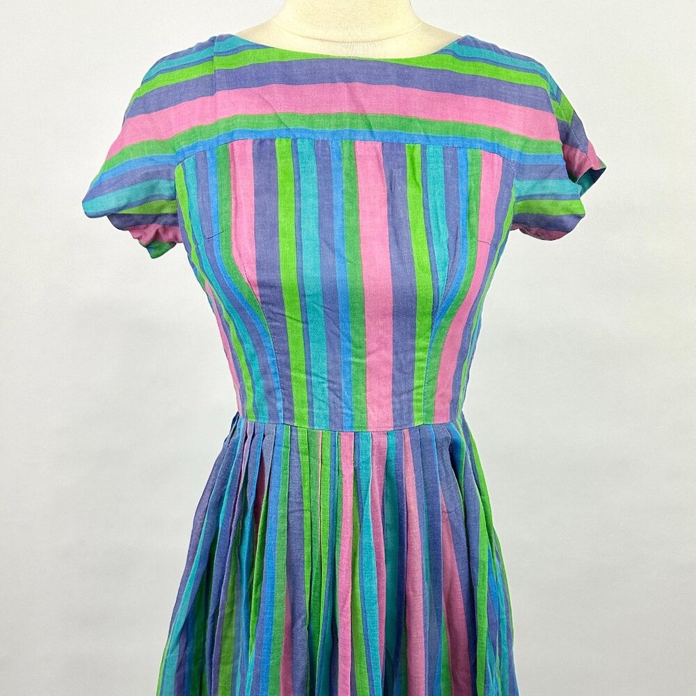 Vintage 1980s Rainbow Stripe Cotton Dress | Junior House | Size S | Zipper Back